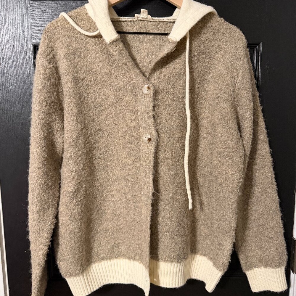 NWOT Hem & Thread Womens Button Down Hoodie Sweater Tan Cream Medium